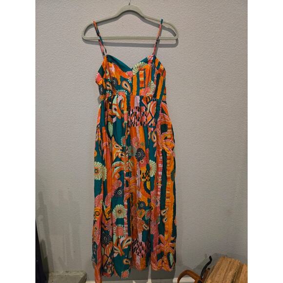 Farm Rio x Anthropologie Women's Pleated Palm Midi Dress Multicolor M - Picture 1 of 13